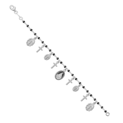 Sterling Silver Black Ball Cross & Medaliion Charm Bracelet