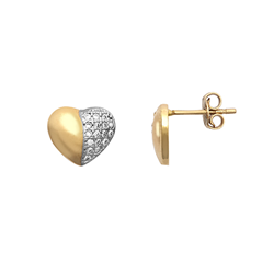 9ct Yellow Gold Half CZ and  Plain Heart Stud Earrings