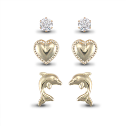 9ct YG Stud Earring Set (CZ, Heart & Dolphin)