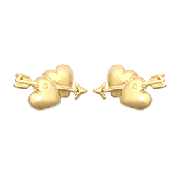 9ct Yellow Gold Double Hearts Cupid Arrow Stud Earrings