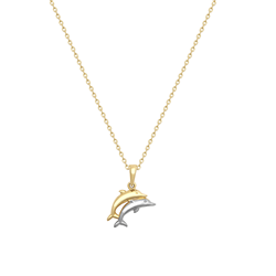 9ct Two Tone  Double Dolphin Pendant With Chain