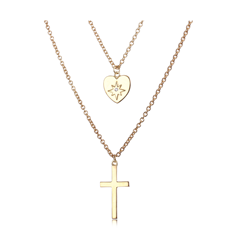 Sterling Silver Gold Plated Cz Heart, Cross Layered Necklace