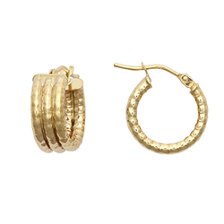 9ct Yellow Gold 10mm Three Row Ribbed Hoop Earrings