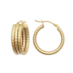 9ct Yellow Gold 15mm Three Row Ribbed Hoop Earrings