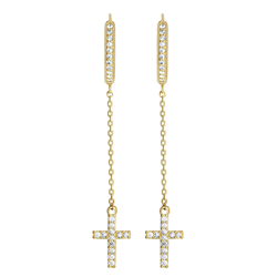 9ct YG Cz Hoop & Cross Drop Earrings