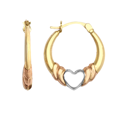 9ct Gold Three Colour Heart Creole Earrings