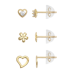 9ct YG Cz Heart, Open Heart & Flower Earring Set