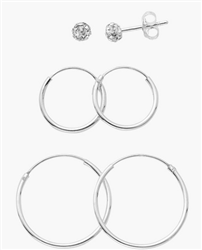 Sterling Silver 14mm, 20mm Plain Hoop Earrings and 4mm Ball Stud Earrings Set