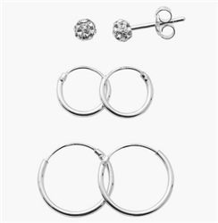 Sterling Silver 10mm, 14mm Plain Hoop Earrings and 4mm Ball Stud Earrings Set