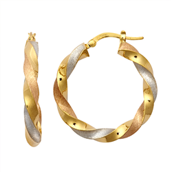 9ct Three Colour Gold Satin Twist Hoop Earrings