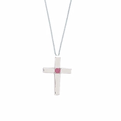 9ct White Gold Pink Sapphire Cross Pendant & Chain
