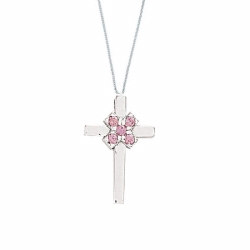 9ct White Gold Pink Sapphire Cross Pendant & Chain