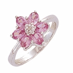 9ct White Gold Diamond & Created Pink Sapphire Flower Ring - N