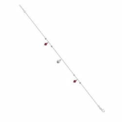 Sterling Silver Red Crystal & Heart Drop Anklet
