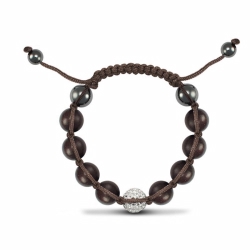 12mm Unisex White Crystal & Brown Wood Ball & Brown String Bracelet