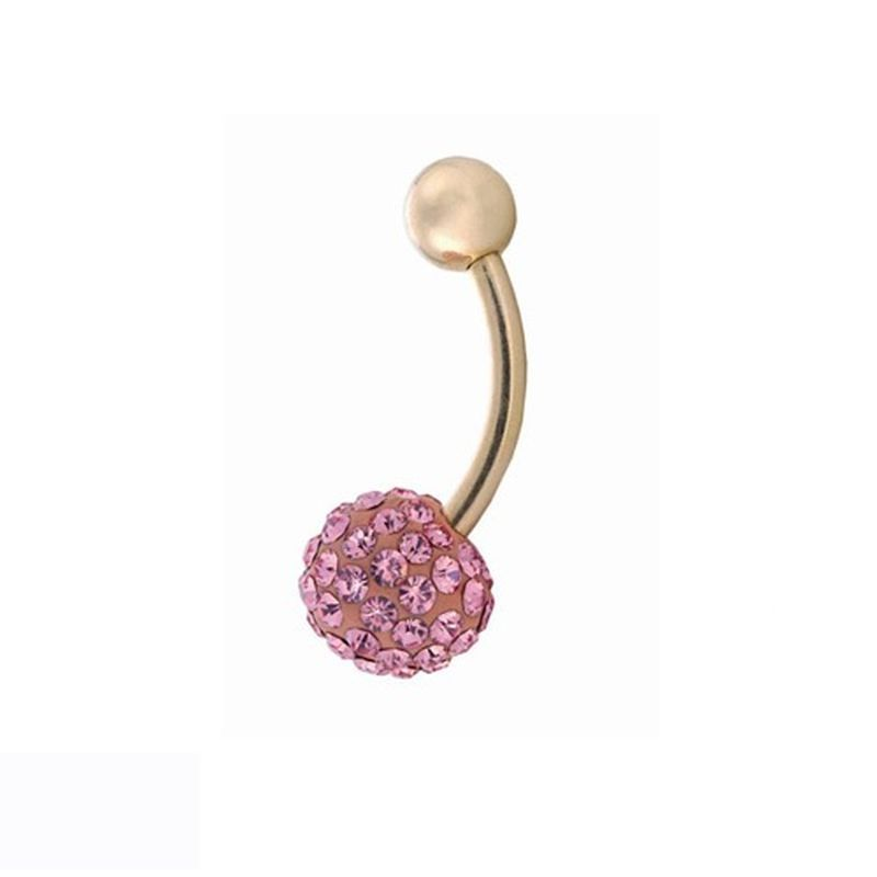 9ct Yellow Gold Pink Crystal Ball Banana Belly Bar