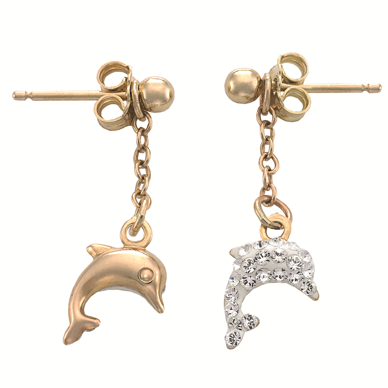 9ct YG Reversible Crystal Set Dolphin Drop Earring