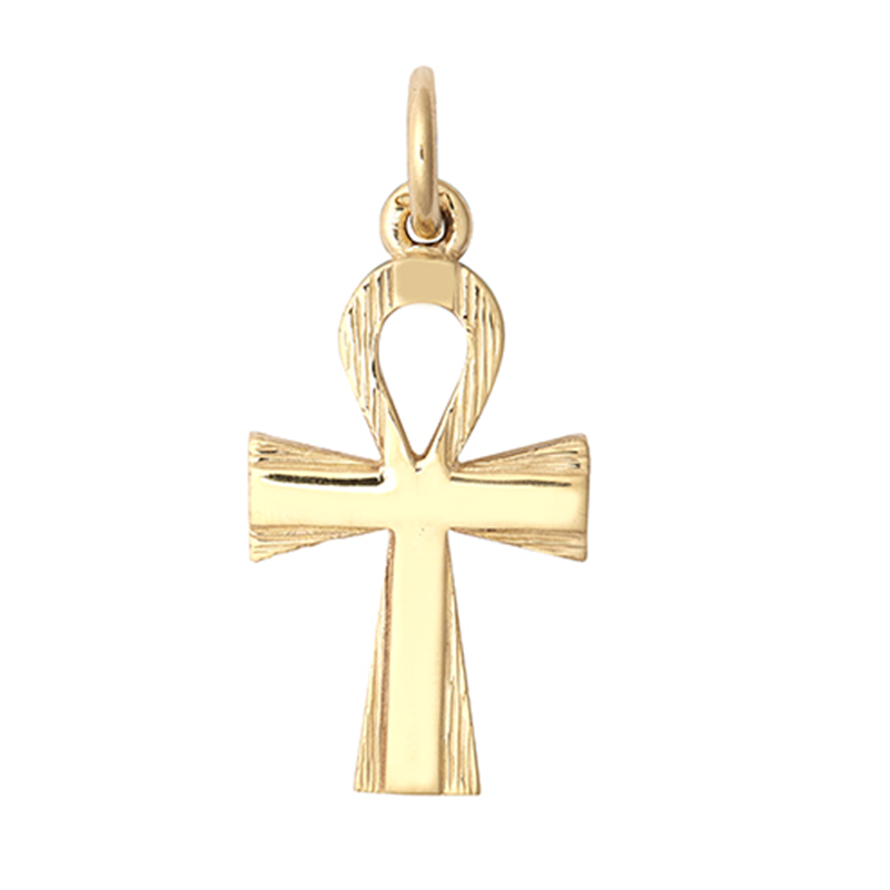 9ct Yellow Gold Plain & Barked Ankh Cross Pendant