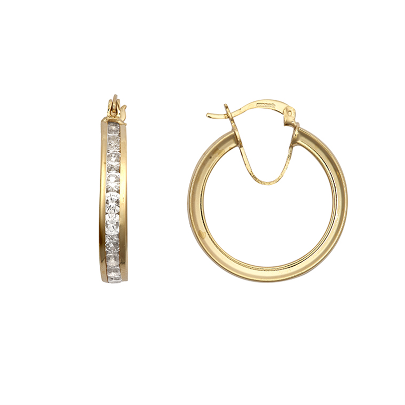 9ct Yellow Gold CZ Channel Set Hoop Earrings 20mm