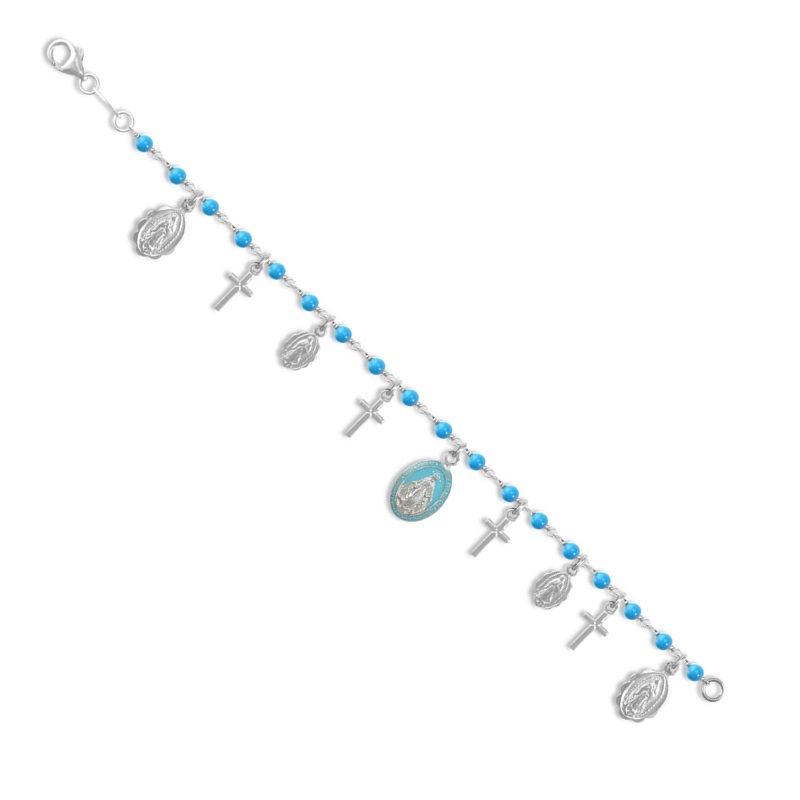 Sterling Silver Blue Ball Cross & Medaliion Charm Bracelet