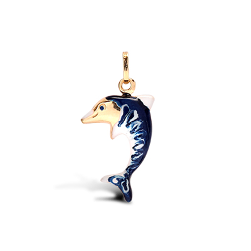 9ct YG Blue Enamelled Dolphin Hollow Charm Pendant