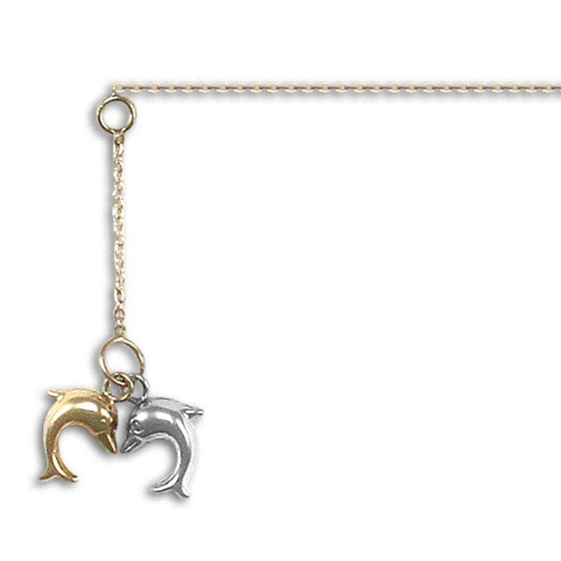 9ct YG & Rhodium Double Dolphin Drop Anklet