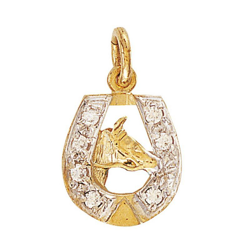 9ct Yellow Gold CZ Horsehead & Horseshoe Pendant