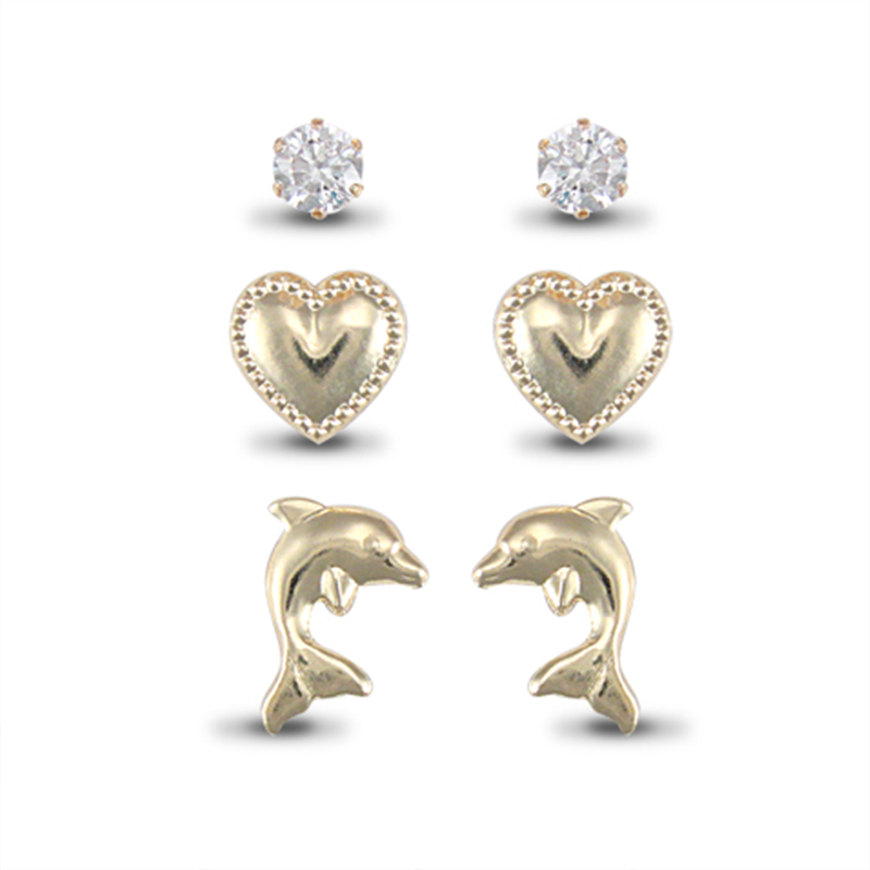 9ct YG Stud Earring Set (CZ, Heart & Dolphin)