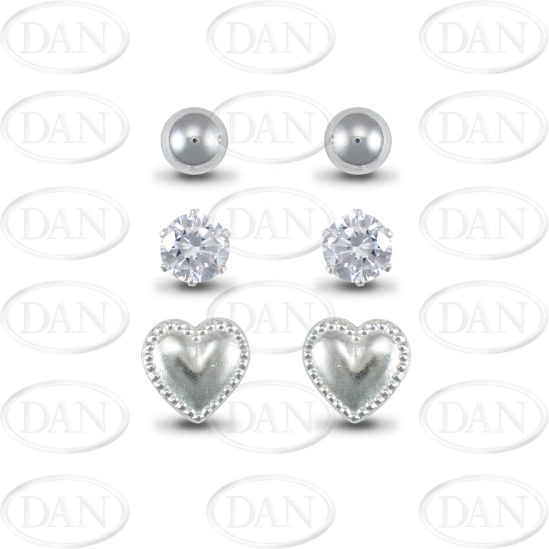 Sterling Silver Studs Set (Plain Ball, CZ & Heart)