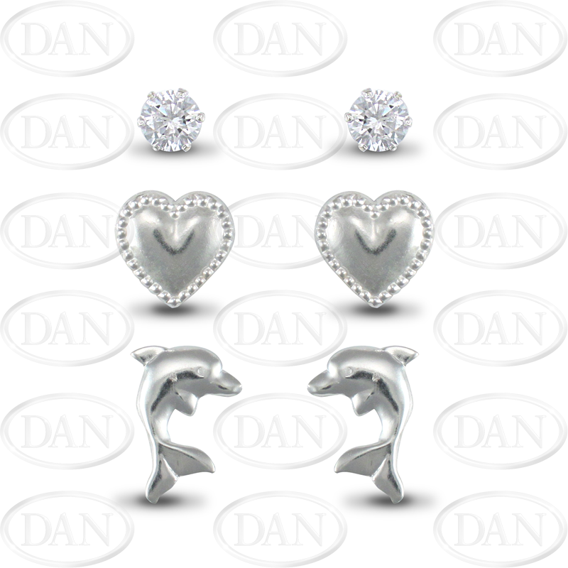 Sterling Silver Studs Set (CZ, Heart & Dolphin)