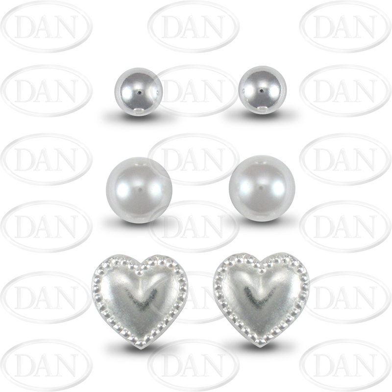 Sterling Silver Studs Set (Ball, Pearl & Heart)