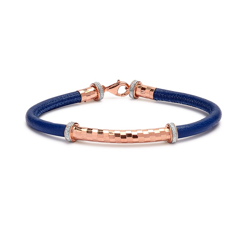 Rose Plated Sterling Silver & Glitter Bar on Blue Cord Bracelet