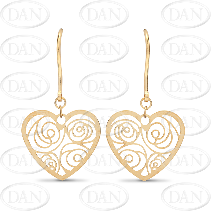 9ct YG Fancy Filigree Heart Drop Earrings