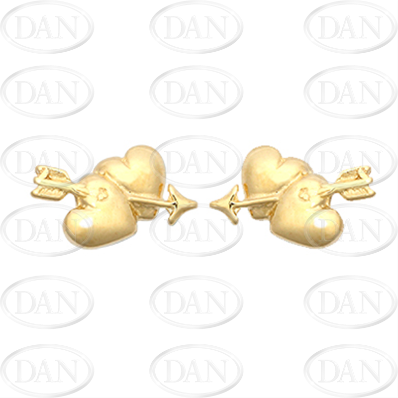 9ct Yellow Gold Double Hearts Cupid Arrow Stud Earrings