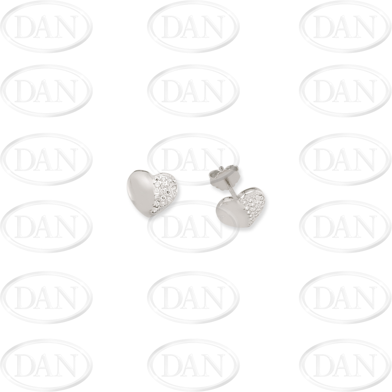 9ct WG Half CZ and Half Plain Heart Stud Earrings