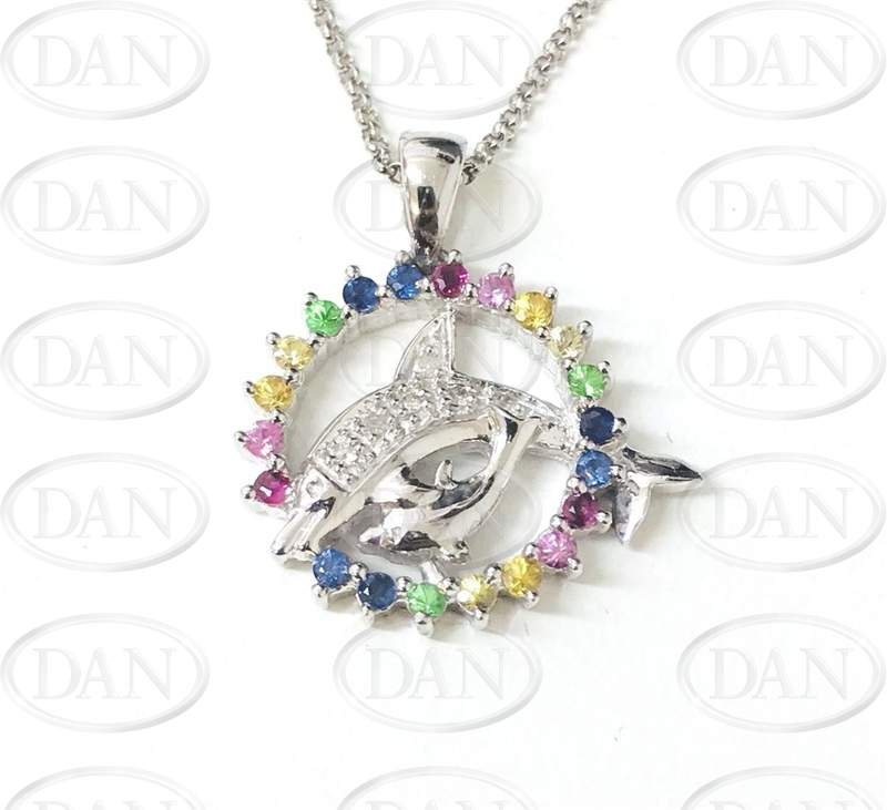 9ct White Gold Diamond Dolphin Pendant Chain