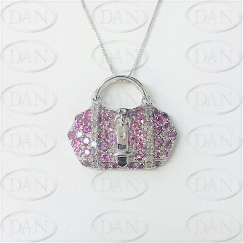9ct White Gold Handbag Pink Diamond Pendant Chain