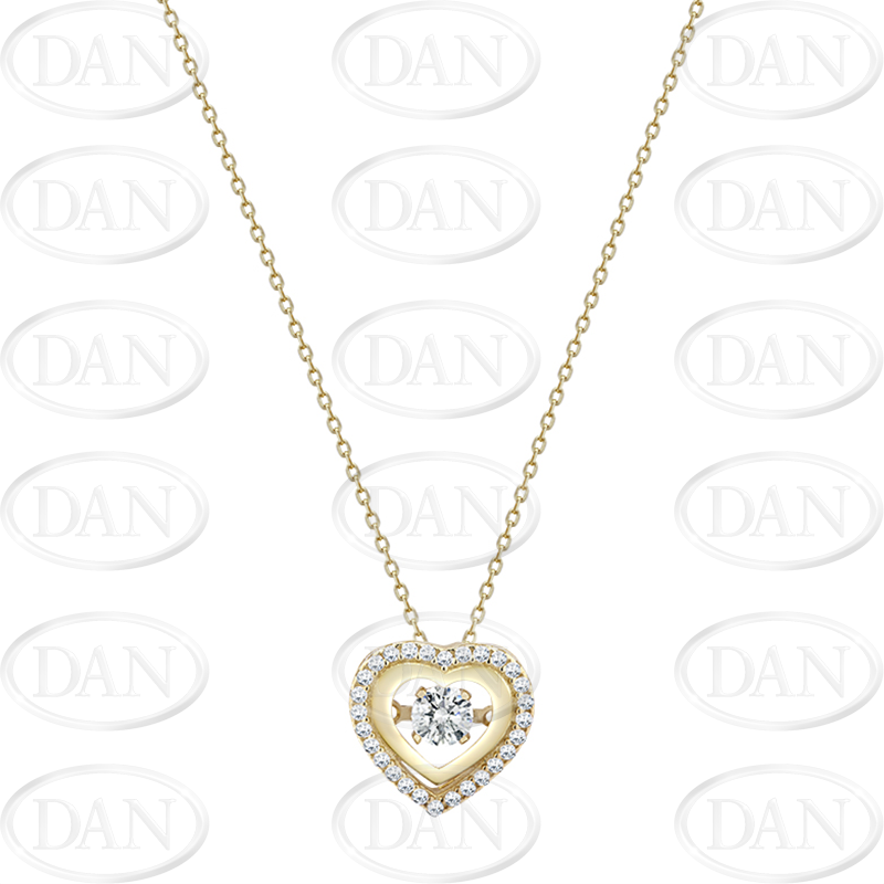 9ct YG Dancing Stone Cz Heart Pendant & Chain