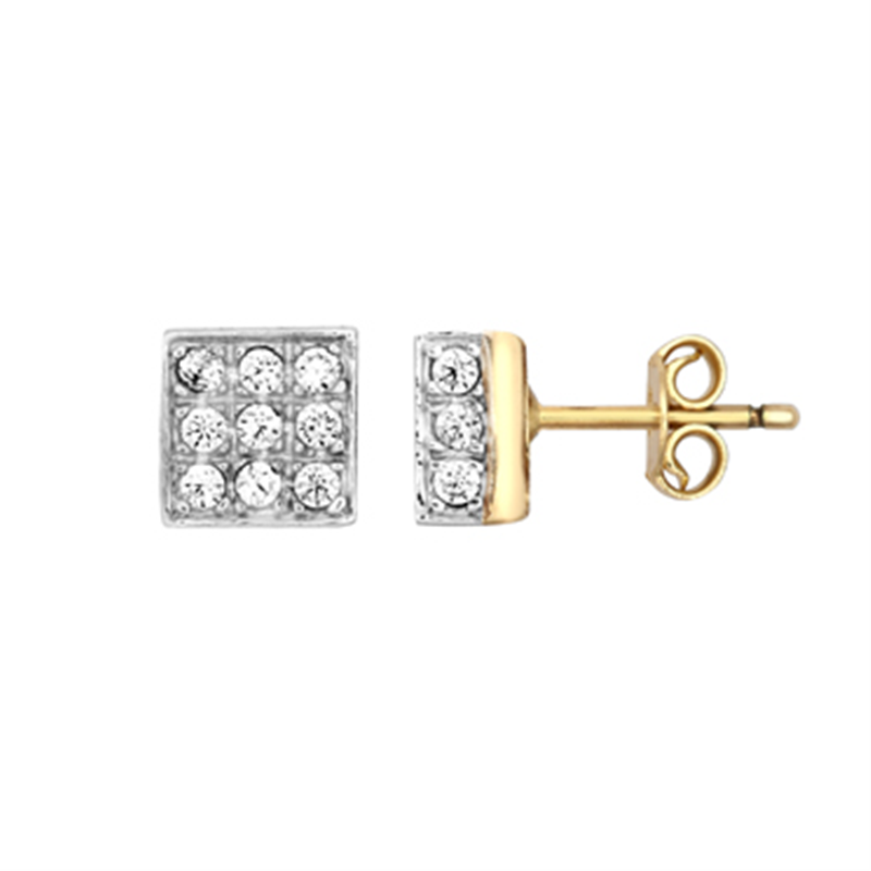 9ct YG Pave Cz Square Stud Earrings