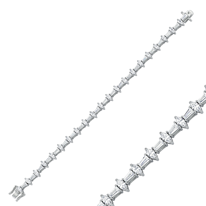 Silver Rhodium Plated Marquise & Tapered Baguette CZ Ladies Bracelet 7.5