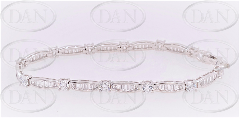 Silver Rhodium Plated Round & Baguette CZ Ladies Bracelet 7.5