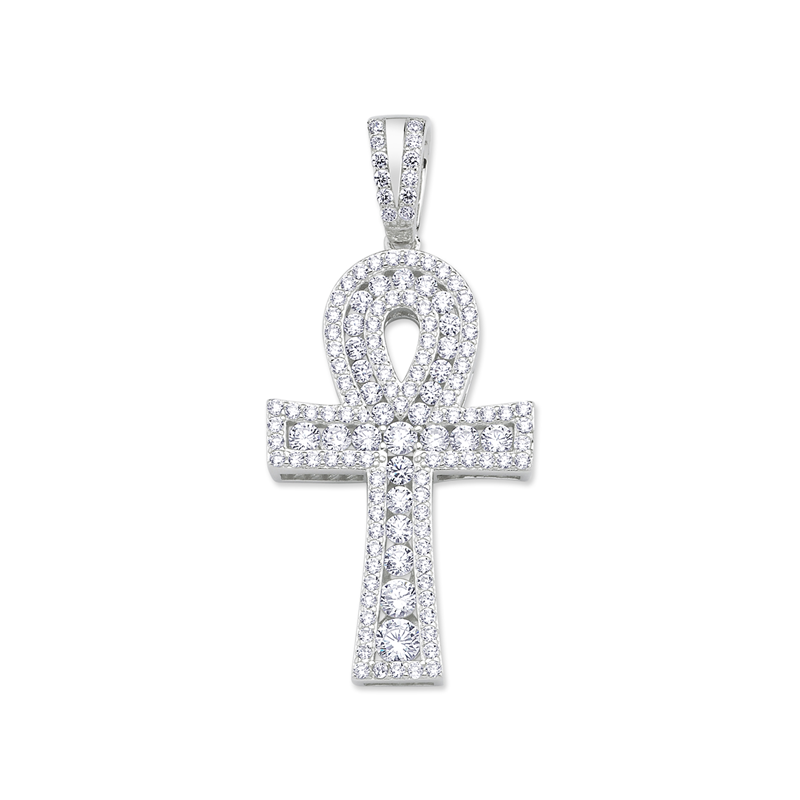 Silver Rhodium Plated CZ Ankh Cross Pendant
