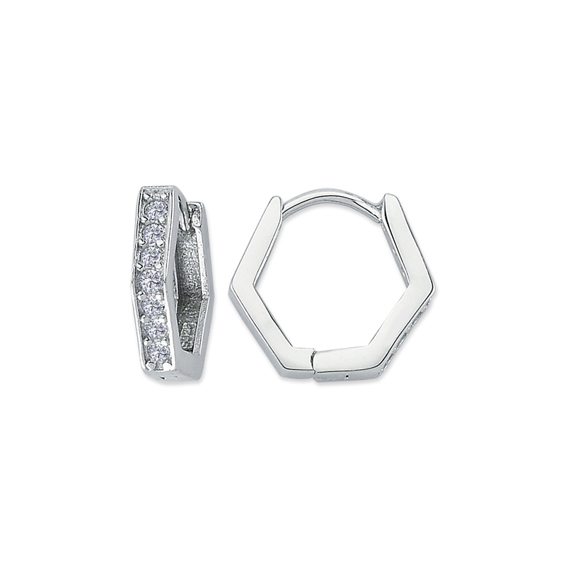 Silver Rhodium Plated CZ Hexagon Huggies