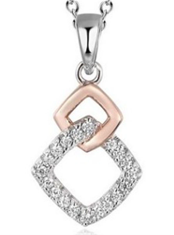 Sterling Silver Two Tone Plated Cz Square Pendant With Chain