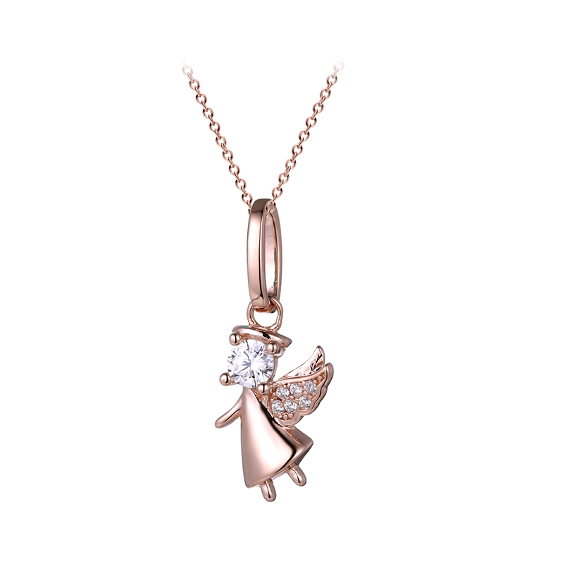 Sterling Silver Rose Gold Plated Cz Angel Pendant With Chain