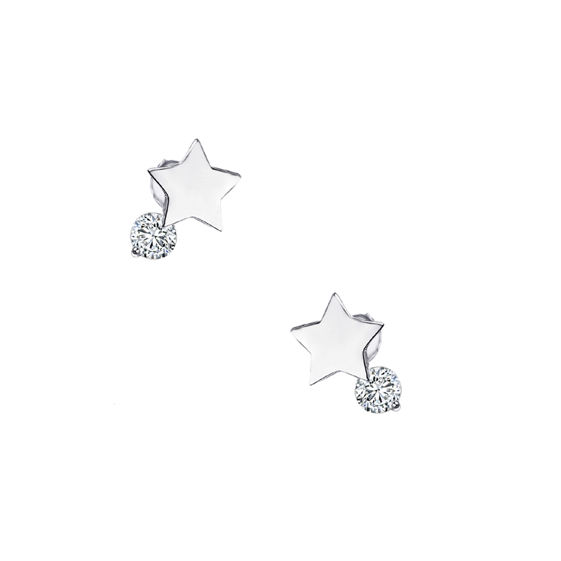 Sterling Silver Rhodium Plated Cz Star Studs