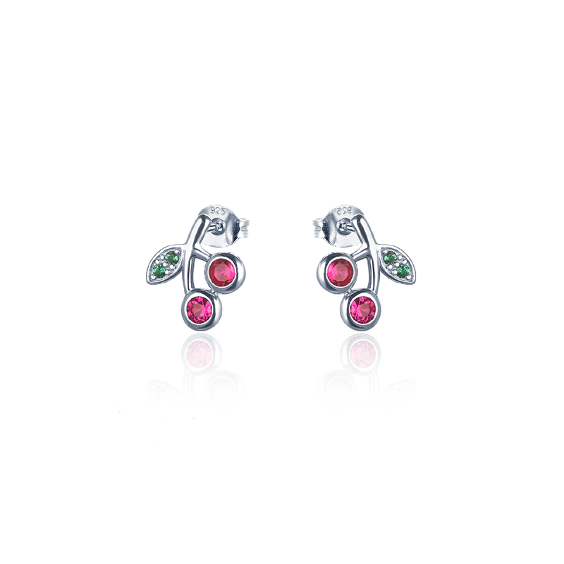Sterling Silver Rhodium Plated Cz Cherry Studs