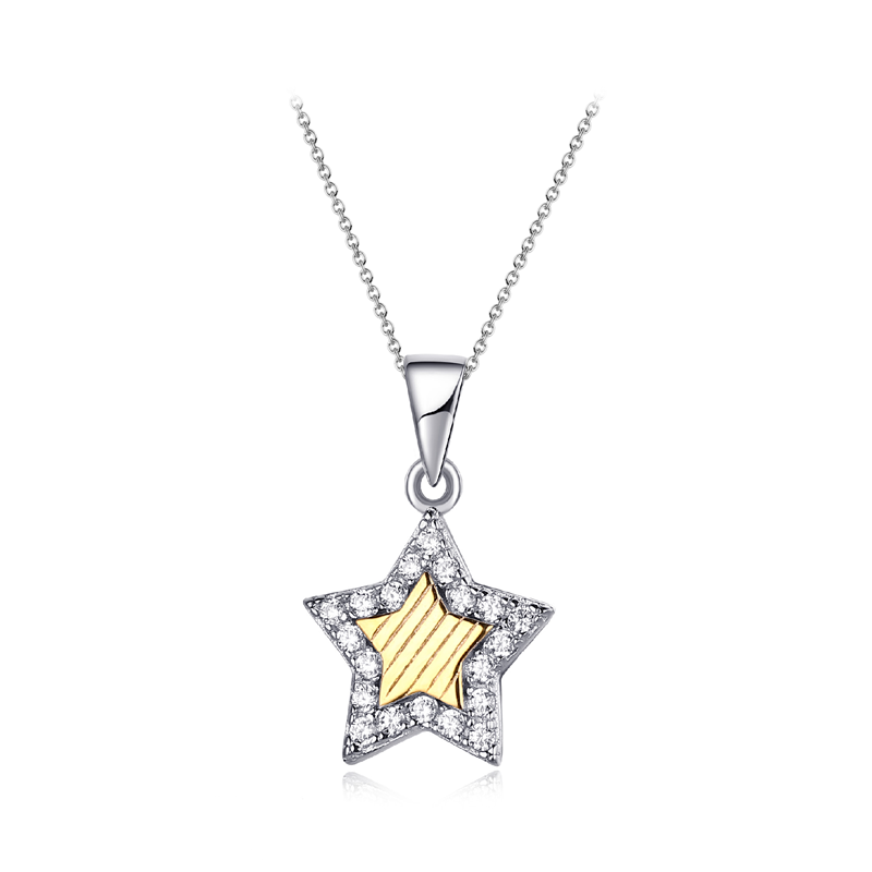 Sterling Silver Two Tone Plated Cz Star Pendant With Chain