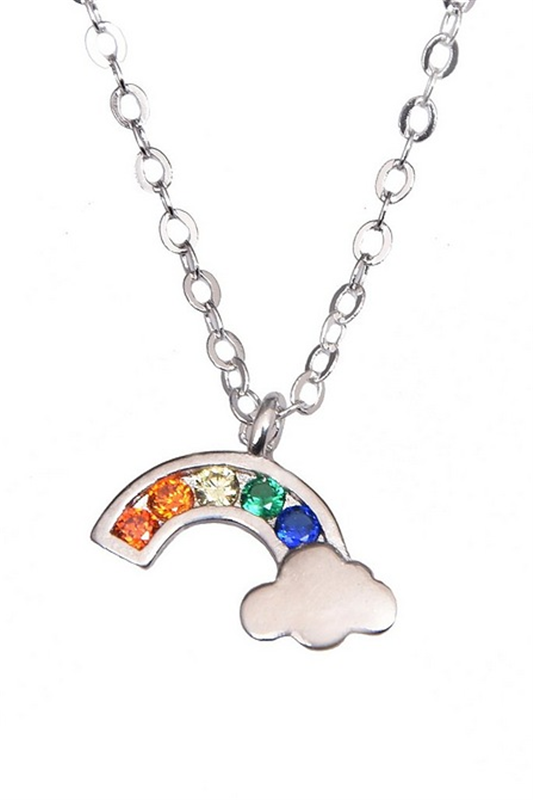 Sterling Silver Rhodium Plated Cz Rainbow Cloud Pendant - 16