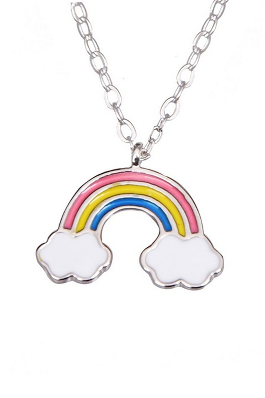 Sterling Silver Rhodium Plated Enamel Rainbow Cloud Pendant - 16